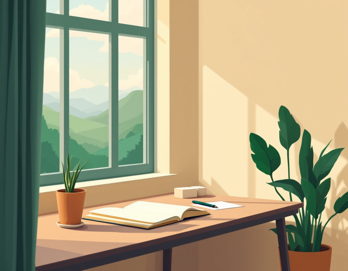 Ilustración plana de un escritorio junto a una ventana con vista a colinas verdes, con un cuaderno abierto en blanco y una pluma