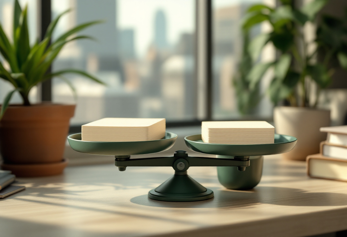 Render suave en 3D de una balanza equilibrada con dos pilas de tarjetas en blanco, sobre un escritorio con vista a la ciudad y plantas