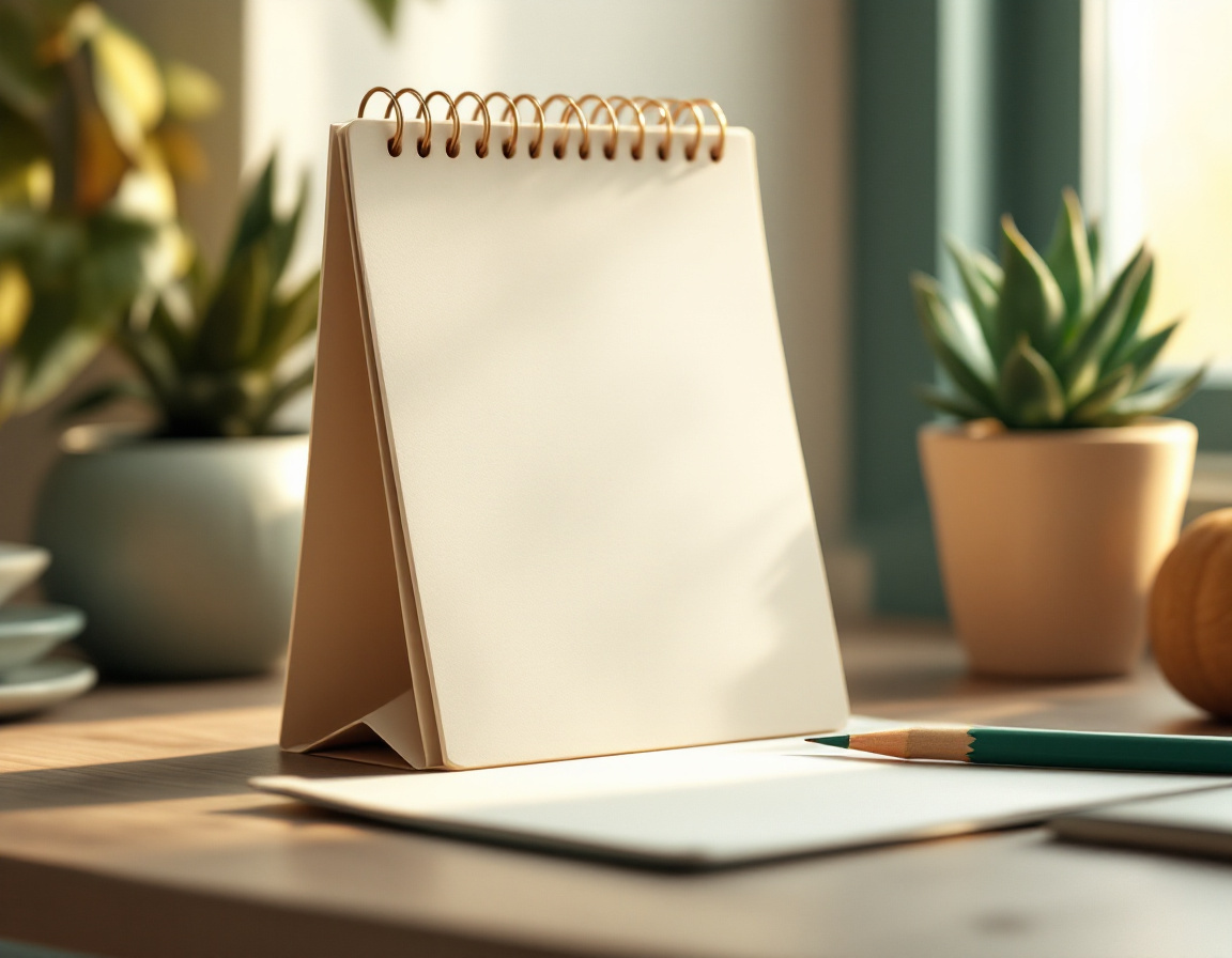 Render suave en 3D de un bloc de notas en blanco tipo calendario de escritorio, con un lápiz verde y plantas de fondo