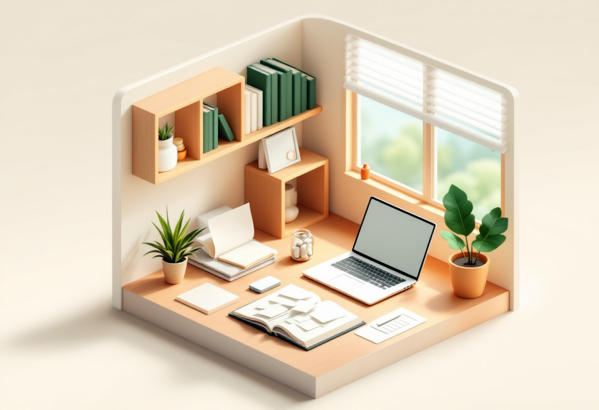 Ilustración isométrica de una oficina en casa con un frasco de vidrio lleno de papeles enrollados en blanco, una laptop, un librero y plantas