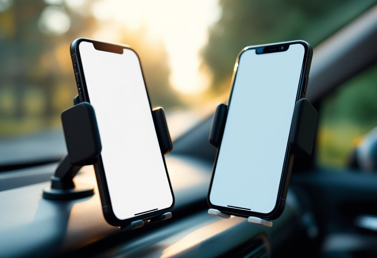 Fotografía macro de dos celulares montados en el tablero de un auto con pantallas encendidas en blanco, con un camino arbolado de fondo