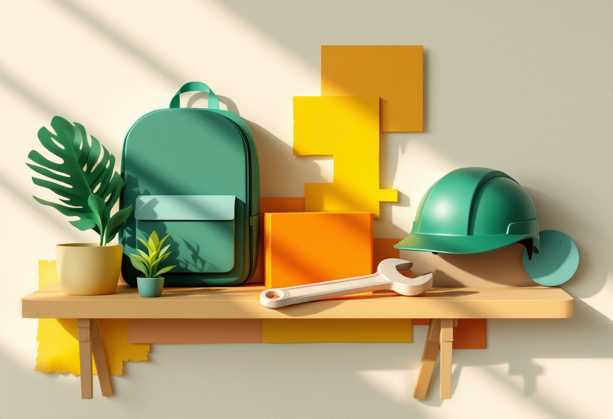 Collage de papel de una mochila térmica y un casco verde sobre una repisa de madera, con una llave inglesa y plantas