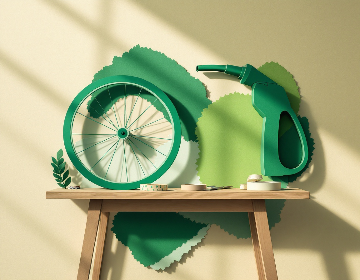 Collage de papel de una rueda de bicicleta y una boquilla de gasolinera verdes sobre una mesa de madera, con hojas de papel de fondo