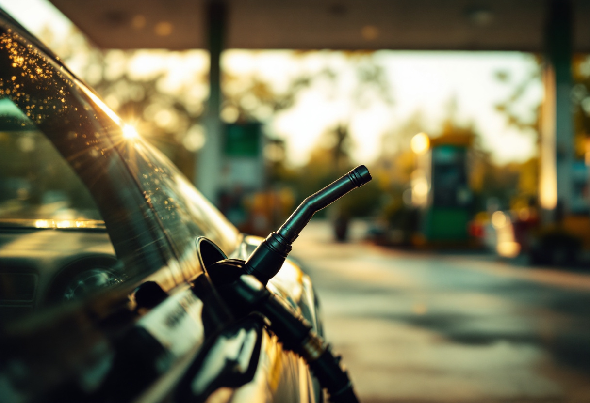 Fotografía editorial de una boquilla de gasolina en el tanque de un auto al atardecer, con una gasolinera desenfocada de fondo