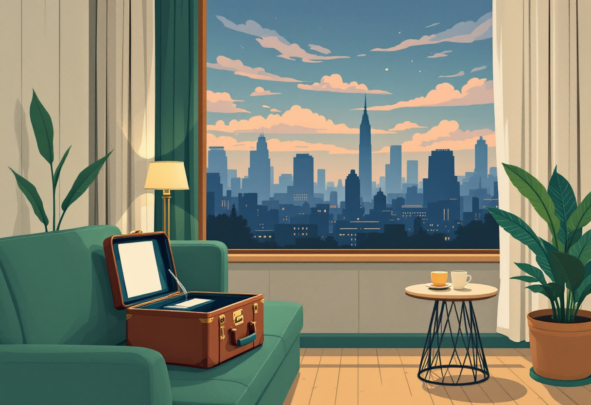 Ilustración plana de una habitación de hotel con una maleta abierta en un sillón y una vista a la ciudad al atardecer por la ventana