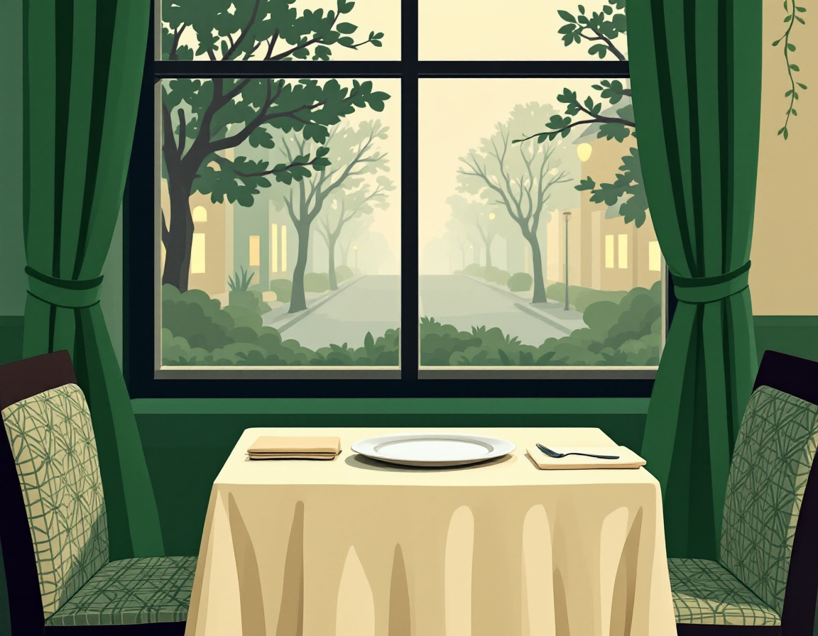Ilustración plana de una mesa de restaurante puesta para uno junto a una ventana con vista a una calle arbolada de noche