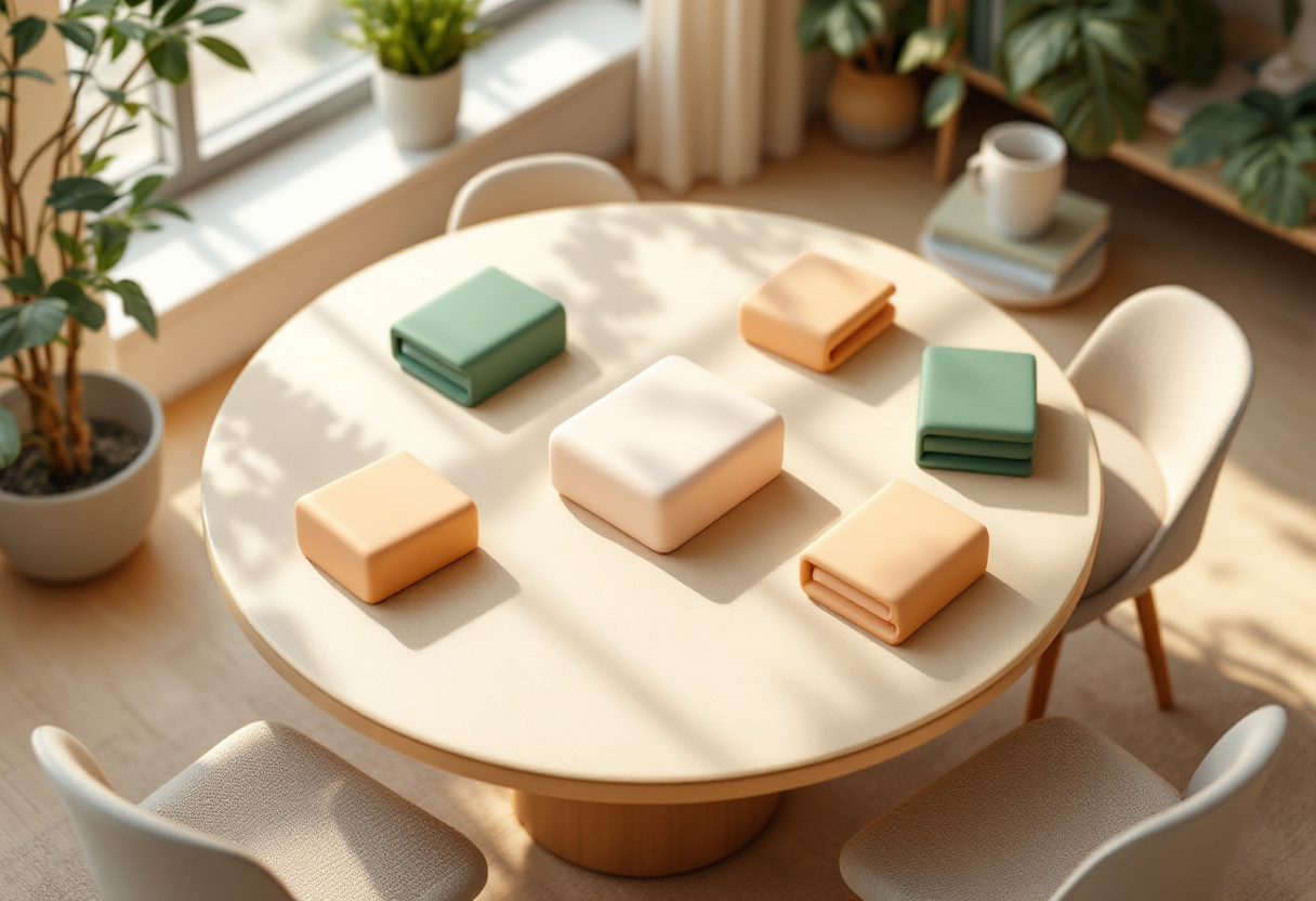 Render suave en 3D de una mesa redonda de reunión con varias carpetas de colores pastel convergiendo hacia una carpeta central, con plantas y sillas alrededor