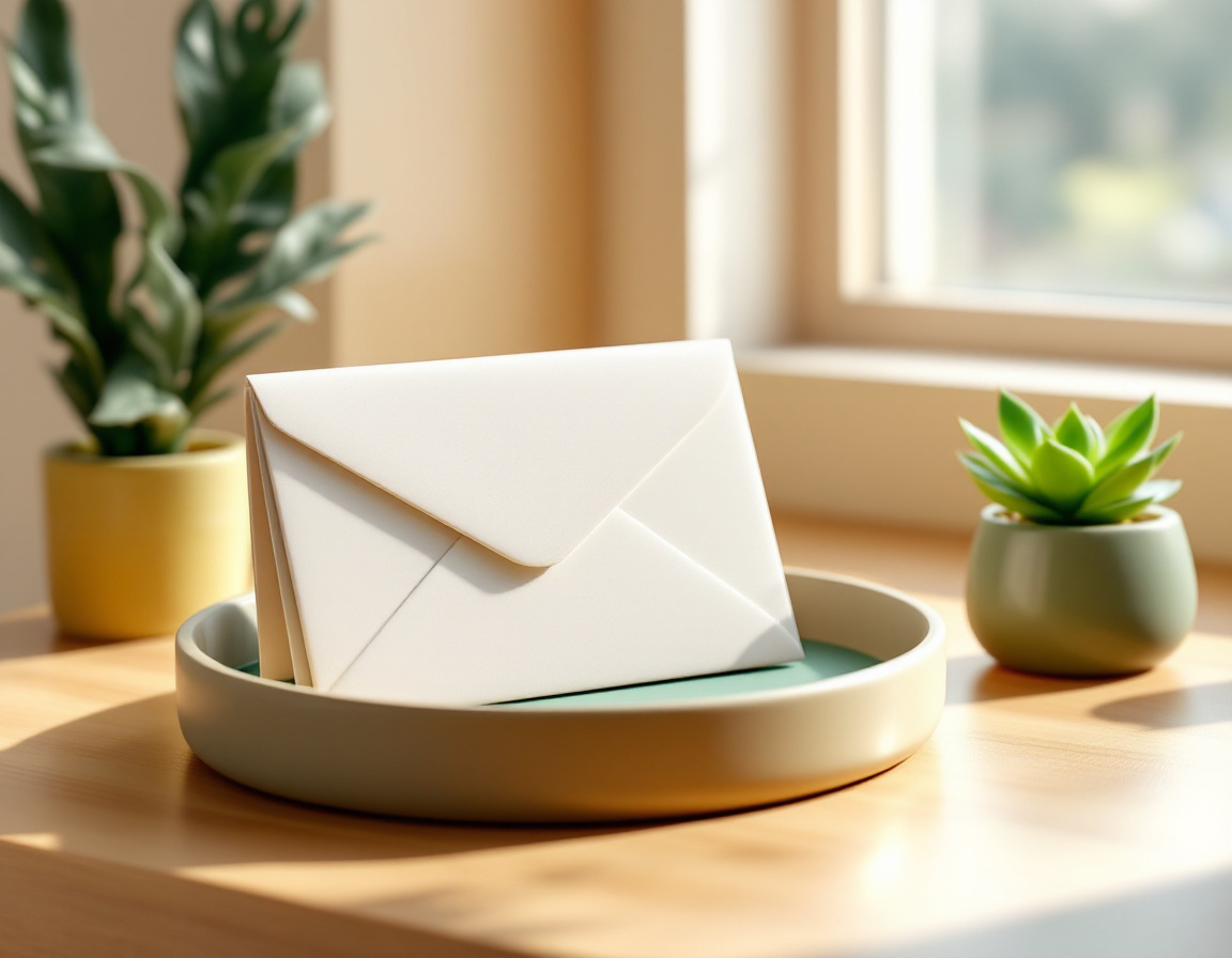 Render suave en 3D de un sobre en blanco sobre una charola redonda de escritorio, con plantas de fondo junto a una ventana