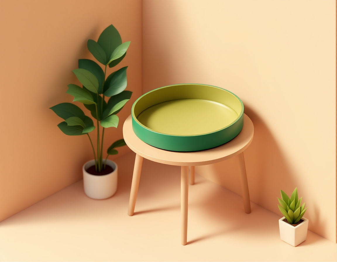 Ilustración isométrica de una charola verde vacía sobre una mesa redonda de madera, con plantas en las esquinas