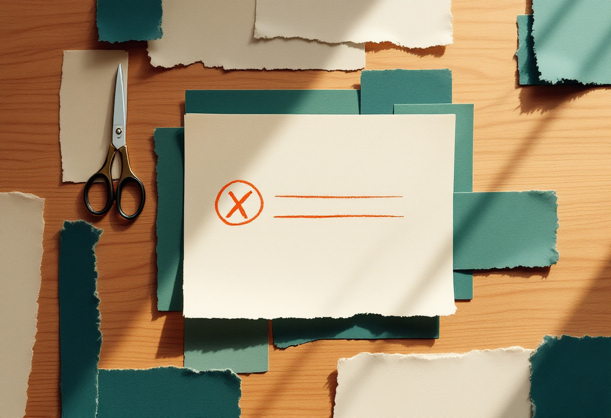 Collage de papel de un formulario con una marca de corrección en tono naranja sobre un escritorio de madera con tijeras