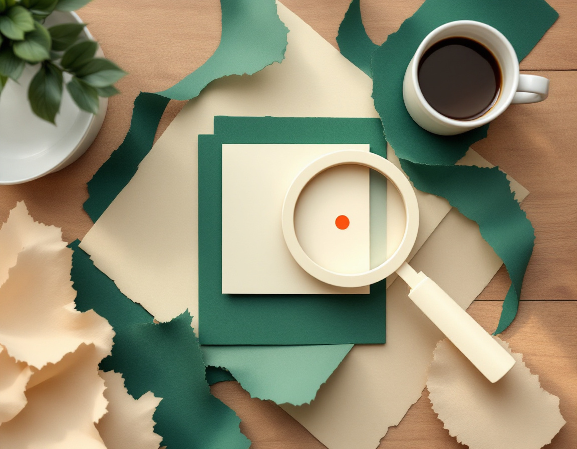Collage de papel con una lupa acercándose a un punto marcado en un documento, junto a una taza de café