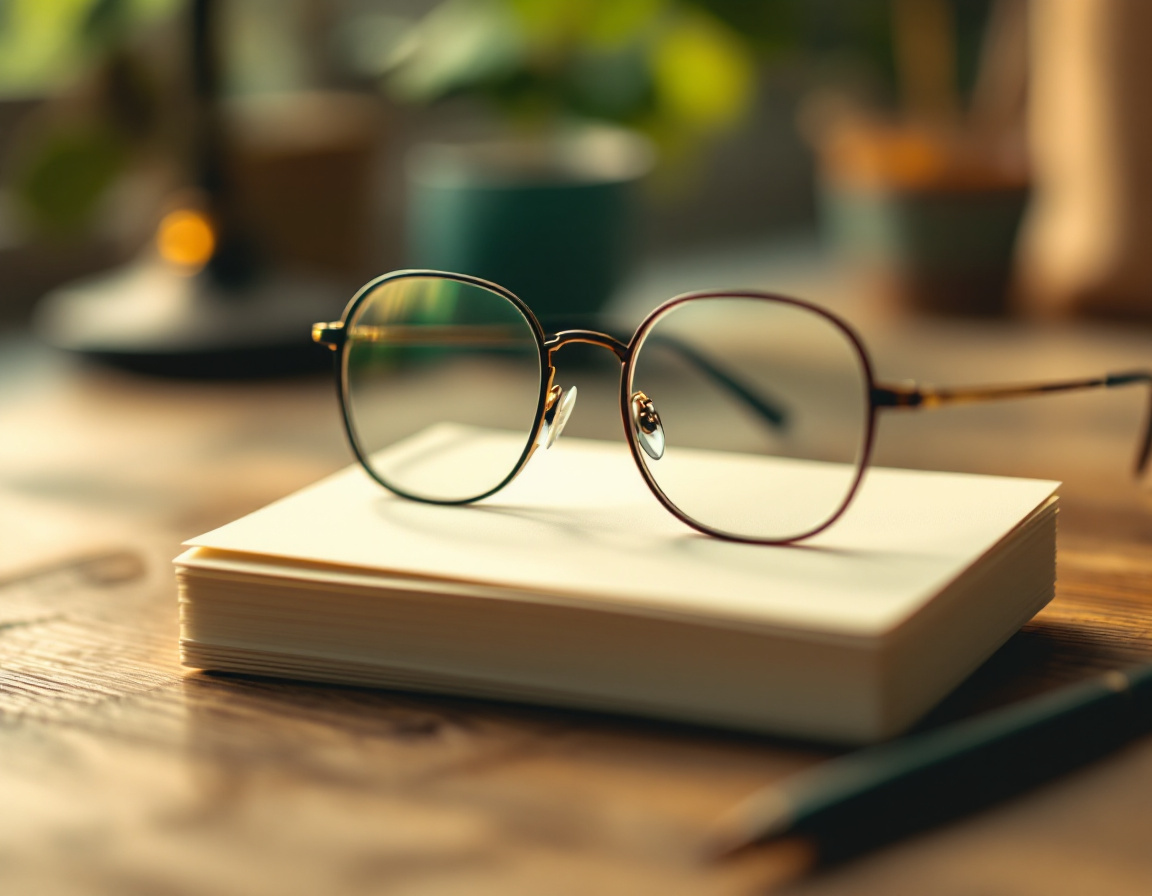 Fotografía macro de unos lentes ópticos sobre una libreta en blanco en un escritorio de madera, con una lámpara y plantas de fondo
