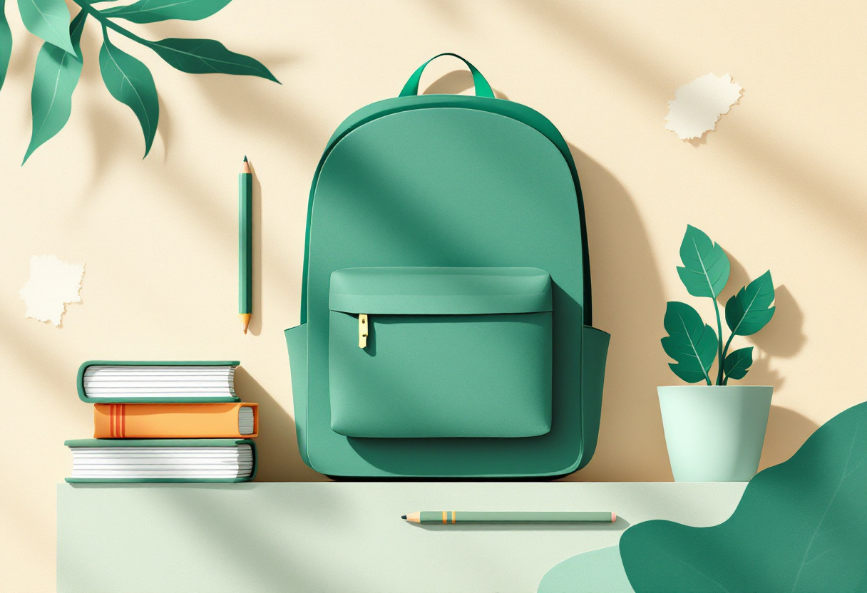 Collage de papel de una mochila escolar verde junto a libros y un lápiz, con hojas de papel y una planta de fondo