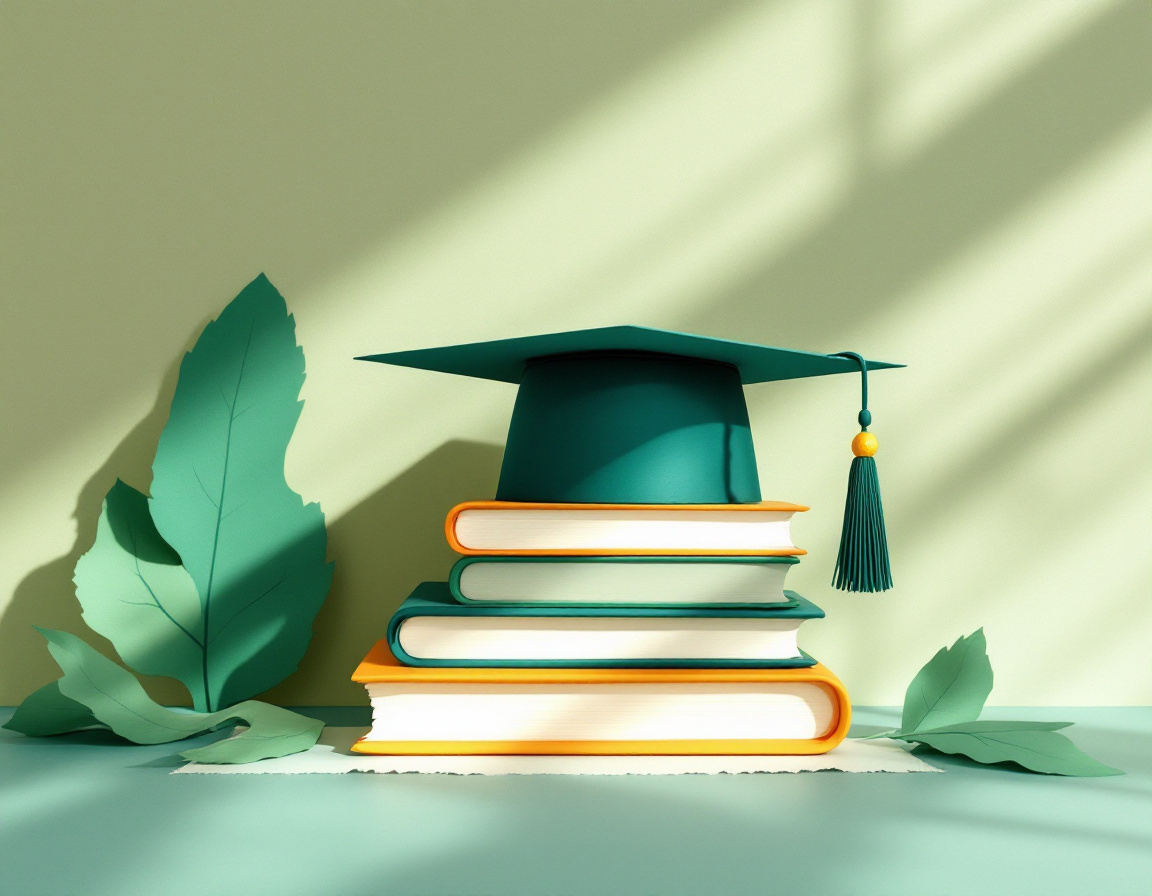 Collage de papel de un birrete de graduación sobre una pila de libros de colores, con hojas verdes de fondo