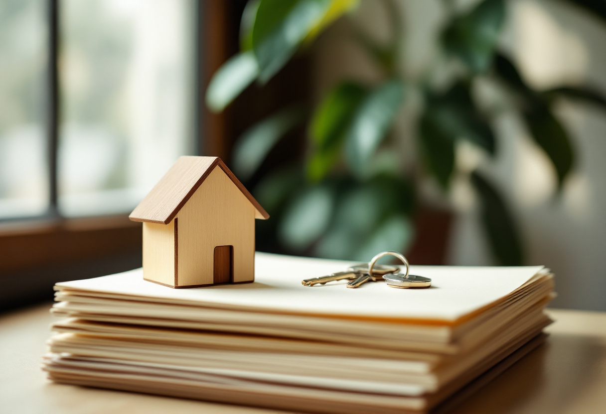 Fotografía editorial de una casa de madera en miniatura y llaves sobre una pila de carpetas en blanco, con una planta de fondo