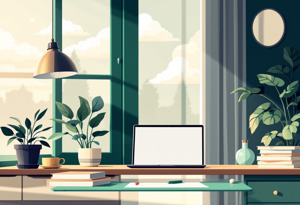 Ilustración plana de un escritorio con una laptop abierta junto a una ventana con vista a árboles y nubes, con plantas y libros alrededor