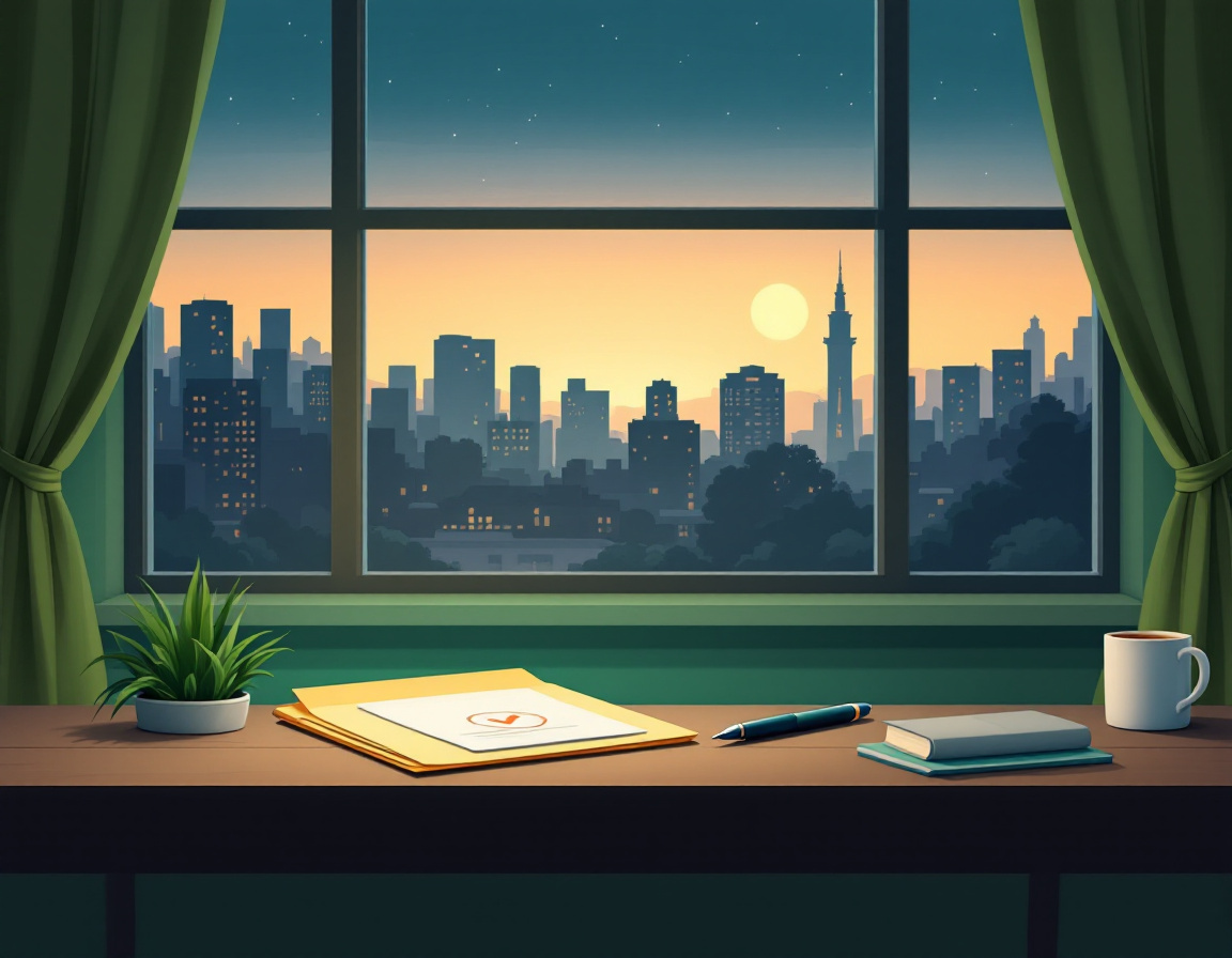 Ilustración plana de una carpeta cerrada con un sello de palomita, junto a una pluma y una ventana con vista a la ciudad al atardecer