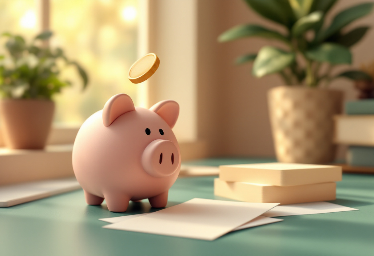 Render suave en 3D de una alcancía rosa con una moneda cayendo en su ranura, sobre un escritorio con papeles en blanco y plantas