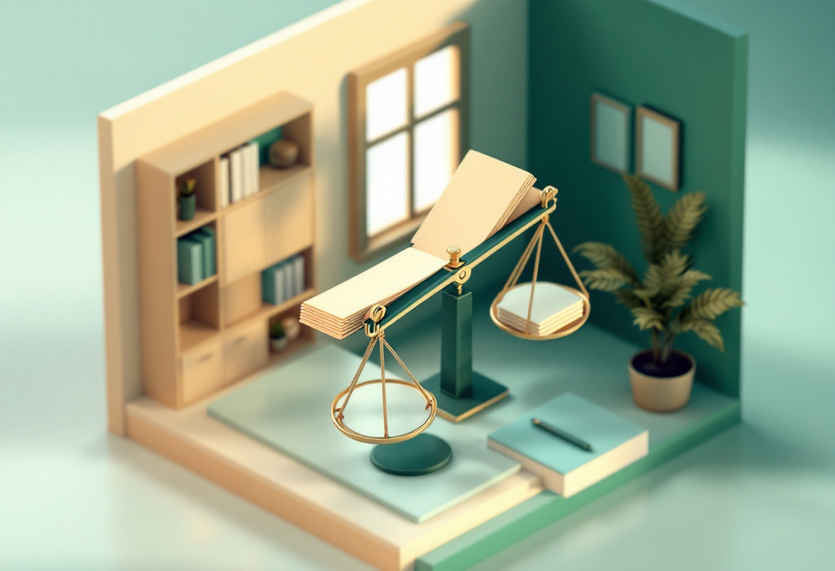 Ilustración isométrica de una balanza inclinada con tarjetas en blanco de un lado, en una habitación con librero, ventana y planta