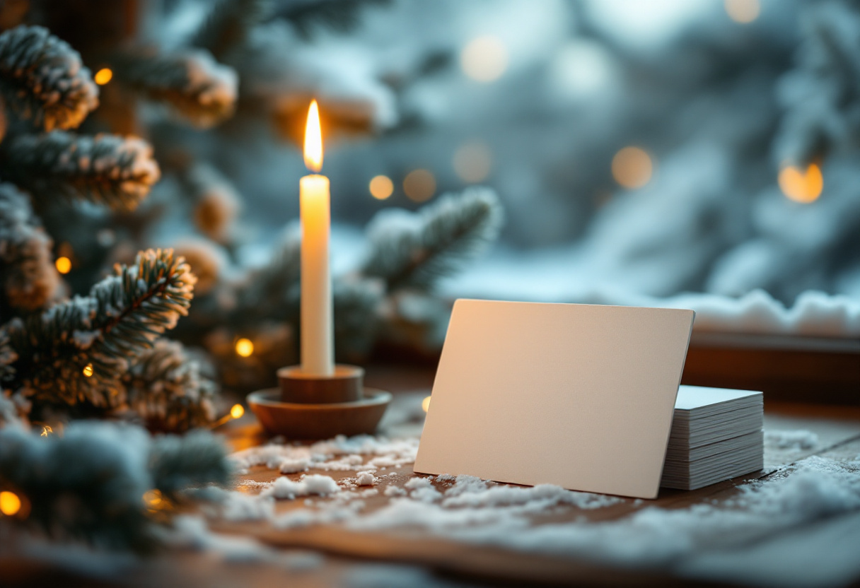 Fotografía macro de una vela encendida junto a tarjetas en blanco sobre una mesa de madera nevada, con ramas de pino y luces cálidas de fondo