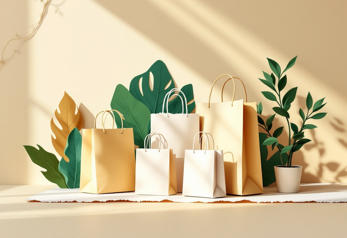 Collage de papel de varias bolsas de compras sin marca de distintos tamaños, con hojas verdes y doradas de fondo