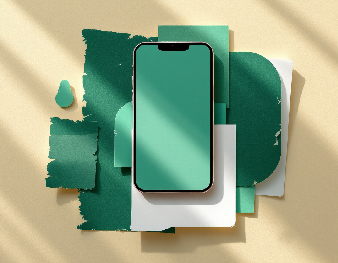 Collage de papel de un teléfono con pantalla verde sobre capas de papel recortado en tonos verdes y blancos