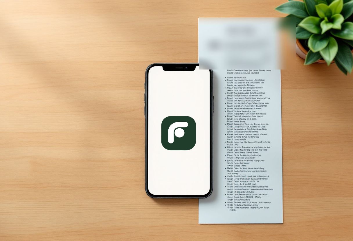 Un iPhone con el logo de FacturIA en pantalla junto a un ticket de compra sobre un escritorio de madera