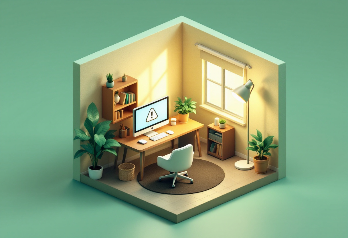 Ilustración isométrica de una oficina en casa con un monitor mostrando un ícono de advertencia, escritorio, ventana y plantas