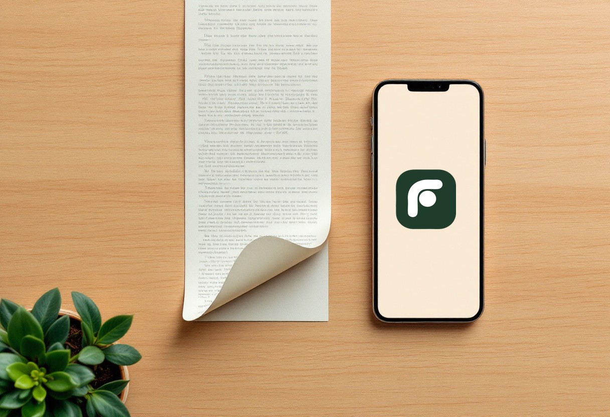 Un iPhone con el logo de FacturIA en pantalla junto a un ticket de compra sobre un escritorio de madera