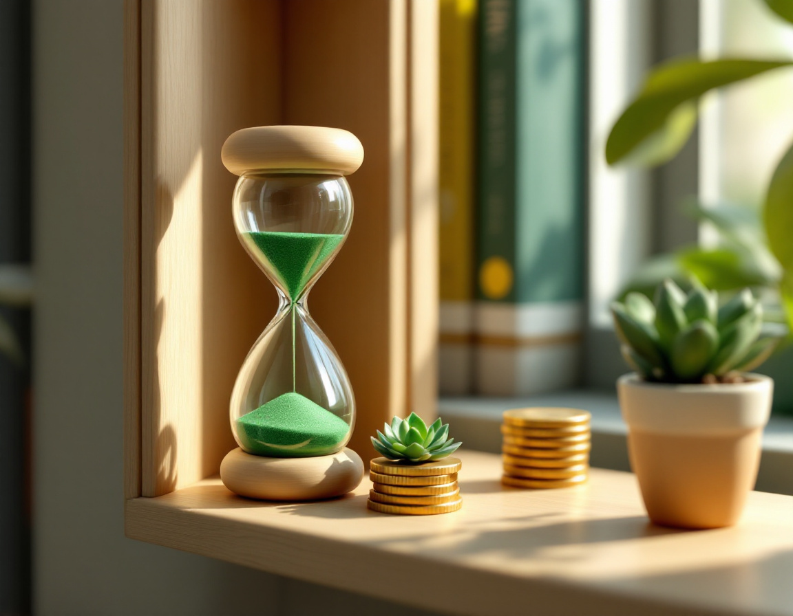 Render suave en 3D de un reloj de arena con arena verde esmeralda cayendo, junto a monedas apiladas y una suculenta en un librero