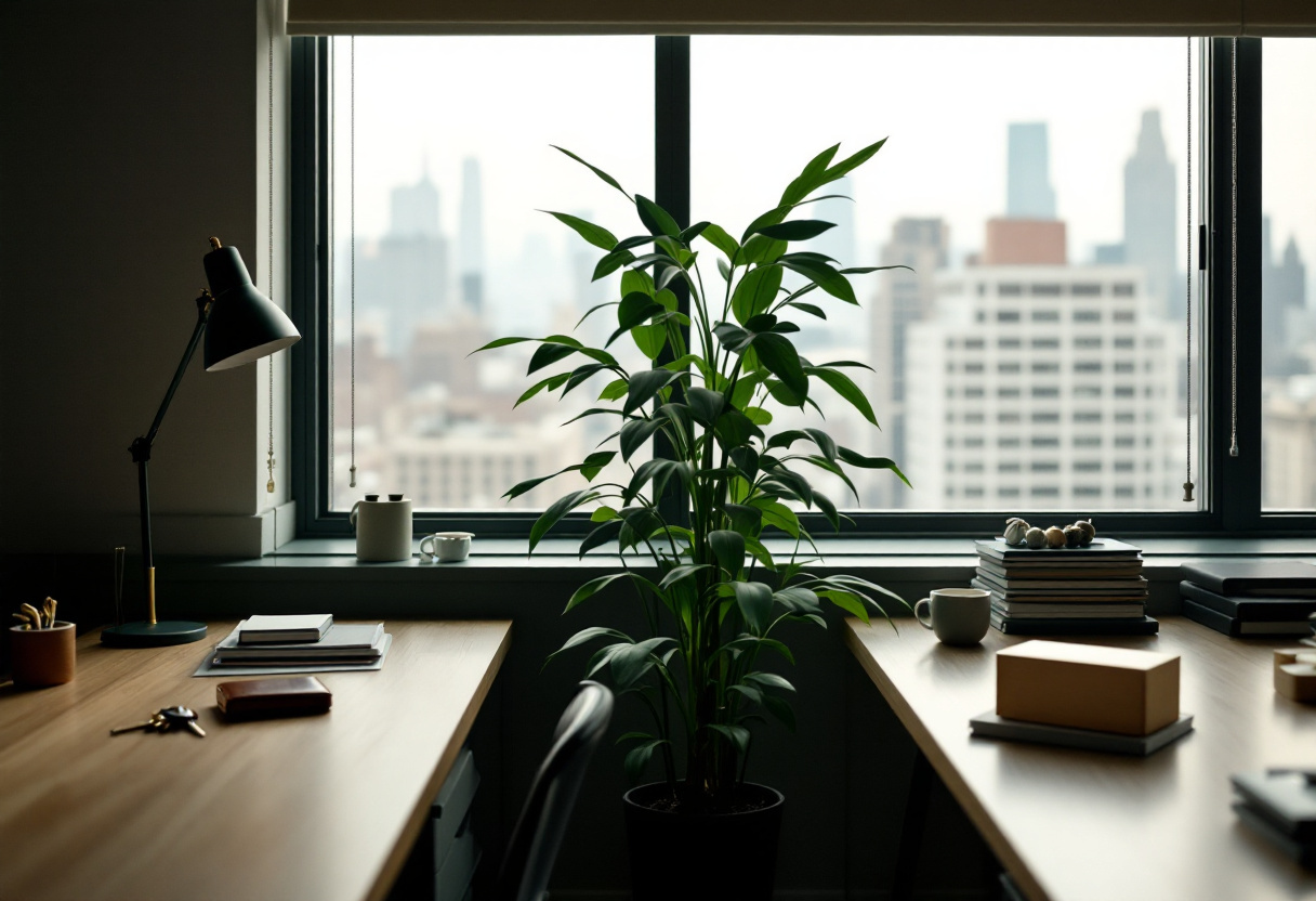Fotografía editorial de dos escritorios contiguos junto a una ventana con vista a la ciudad, uno con una cartera y llaves y otro con carpetas y un bloque de madera en blanco