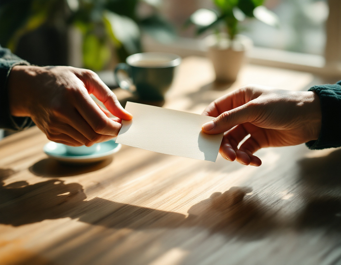 Fotografía editorial de dos manos intercambiando un papel en blanco sobre una mesa de madera, con una taza de café y una planta de fondo
