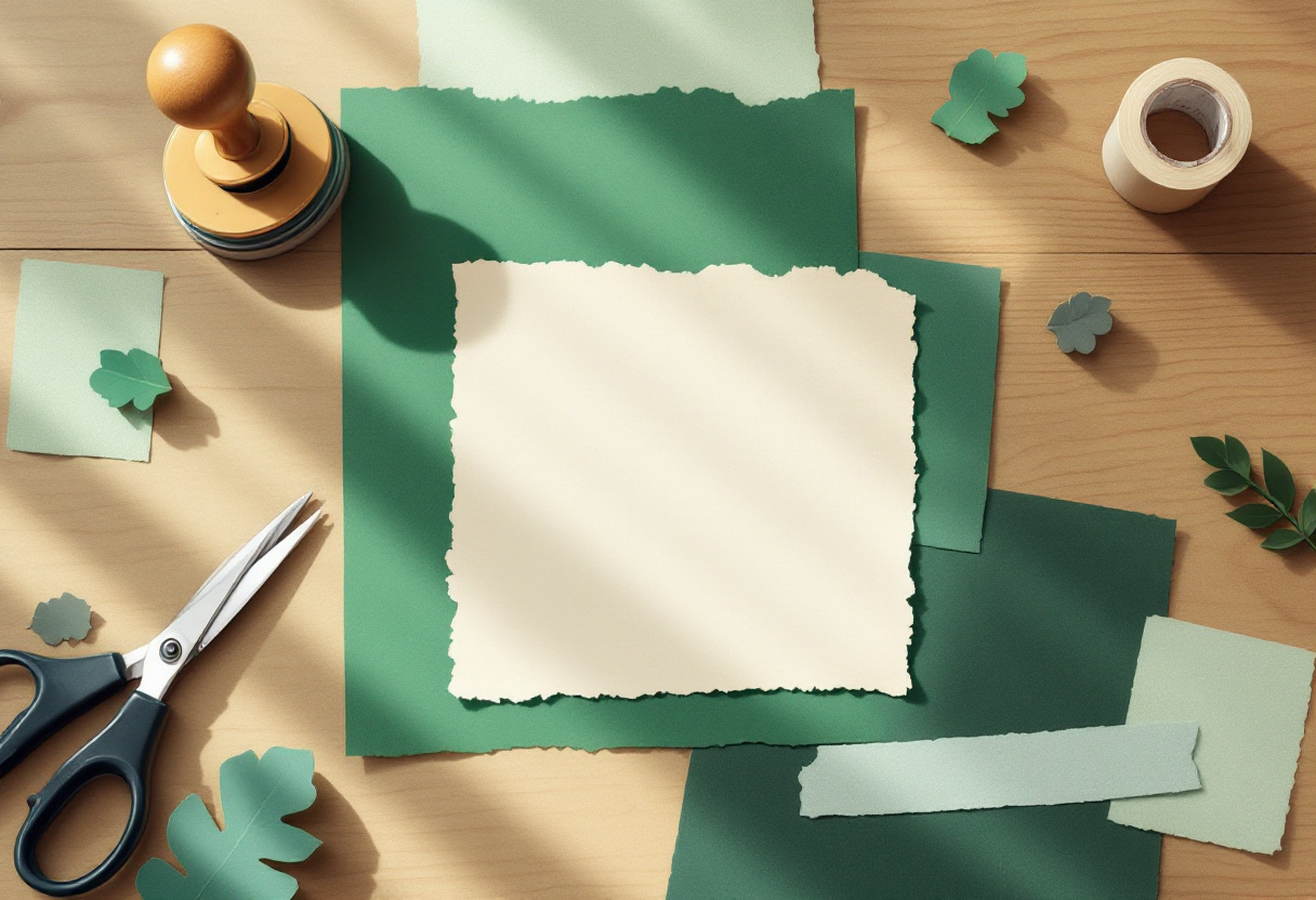Collage de papel de un sello de goma junto a un documento en blanco sobre un escritorio de madera, con tijeras y cinta adhesiva