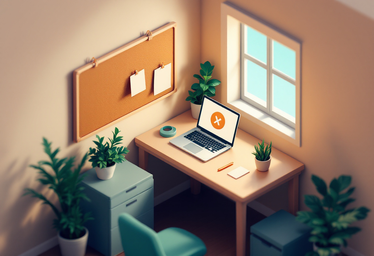 Ilustración isométrica de una oficina en casa con una laptop mostrando un ícono de equis, un corcho con notas en blanco y plantas