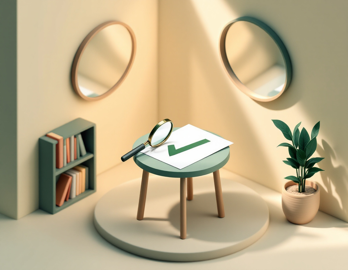 Ilustración isométrica de una lupa sobre una hoja en blanco con una palomita verde, sobre una mesa redonda con librero y plantas