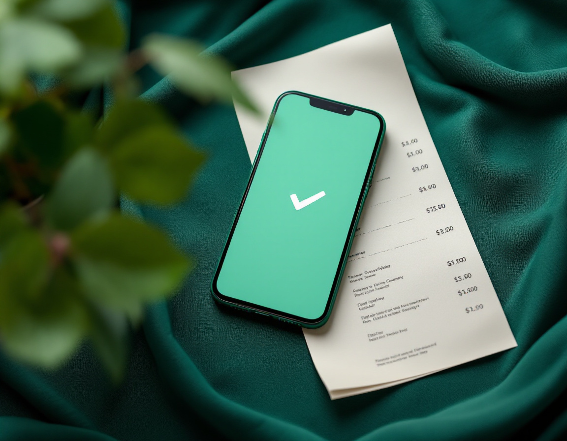 Un teléfono muestra una palomita verde de confirmación sobre un ticket de compra en papel