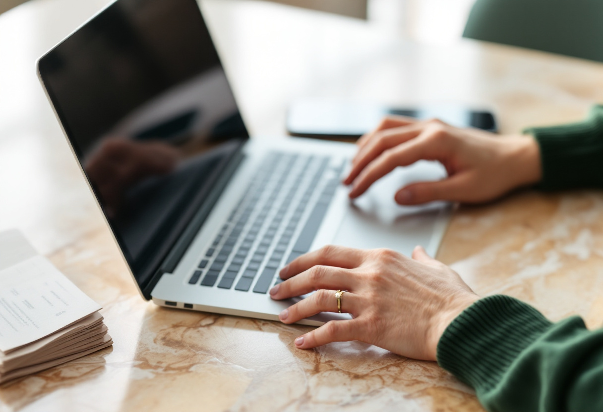 Persona trabajando en su laptop con recibos organizados a un lado del escritorio