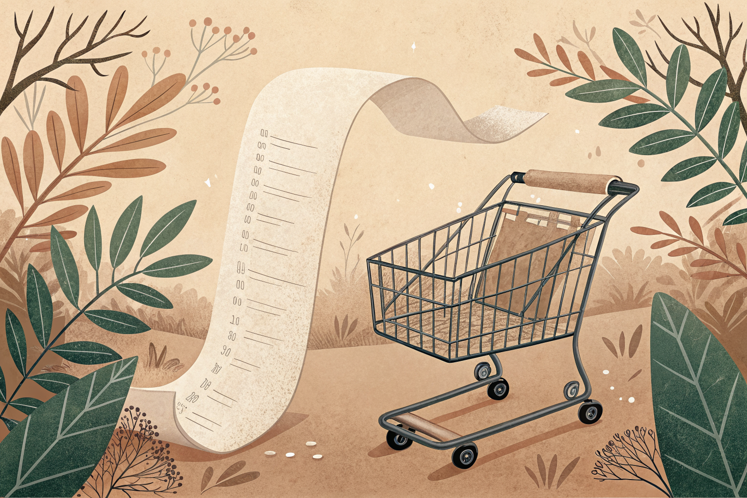 Ilustración de un carrito de súper con un ticket largo desenrollándose, en tonos cálidos